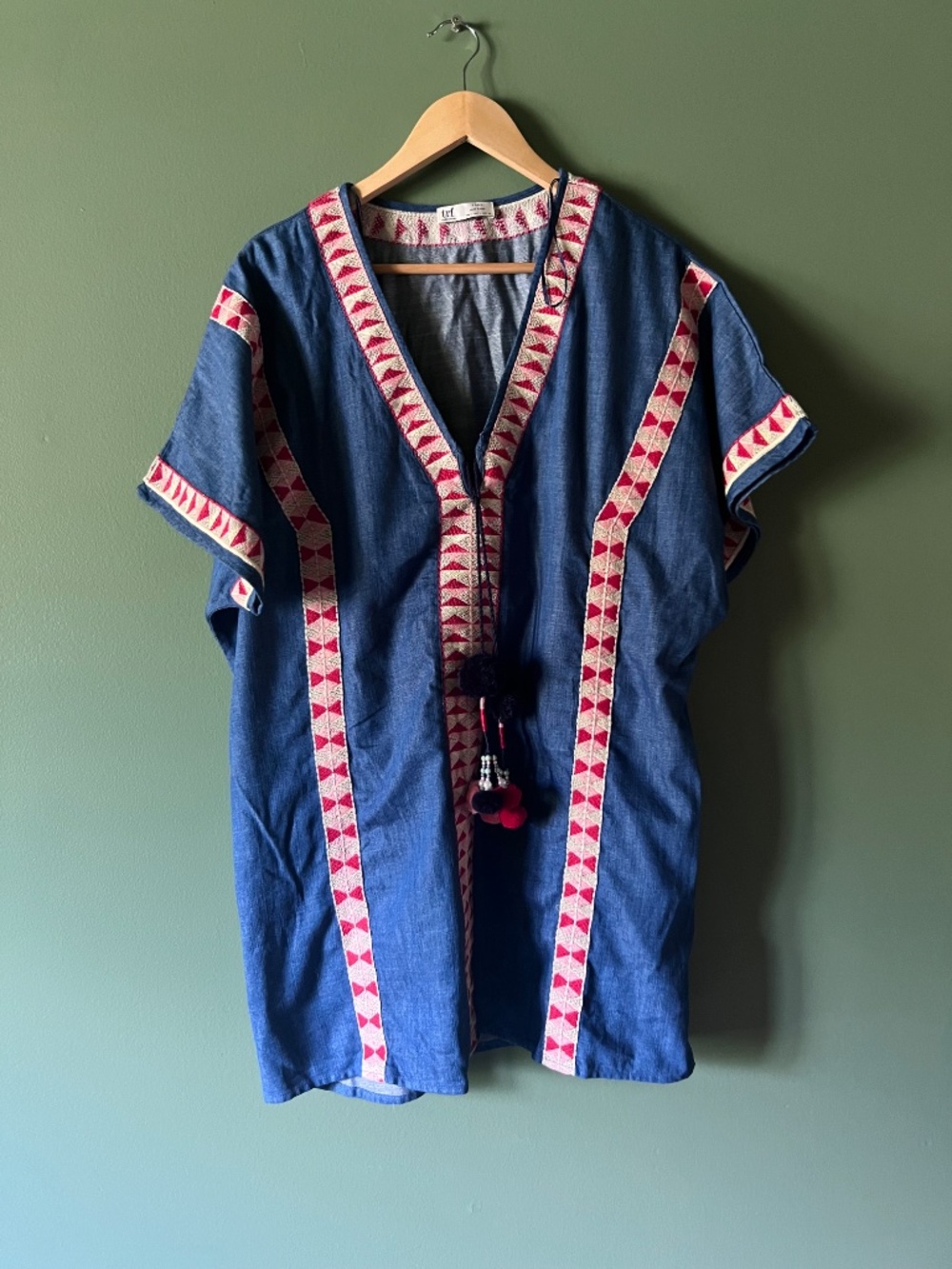 Denim Bohemian V Neck Mini Dress - Picture 2 of 5